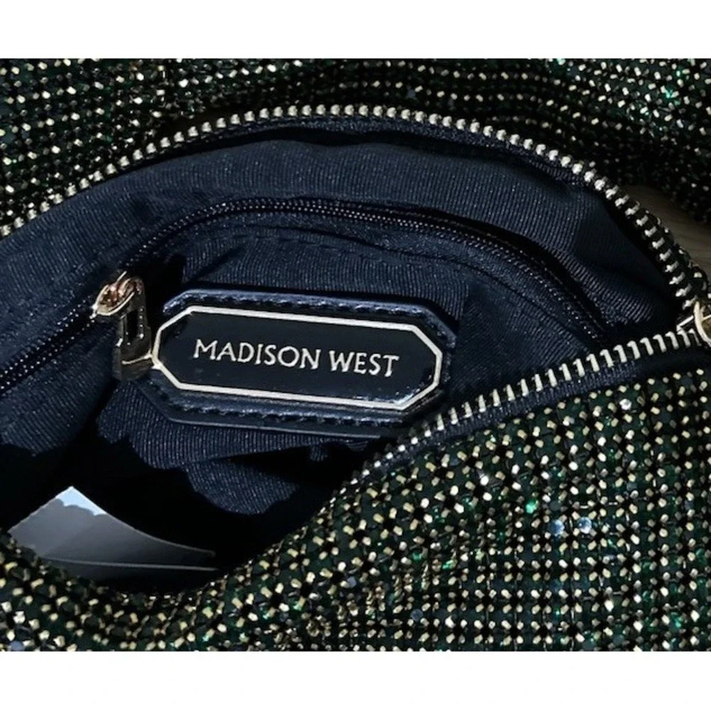 Madison West Knotted Emerald Green Rhinestone Gold Tone Dumpling Evening Handbag